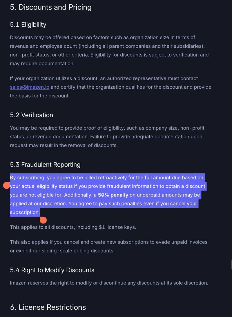 Screenshot of Subscription Terms Section 5.3 Fraudulent Reporting with the retroactive billing and 50% penalty clause highlighted