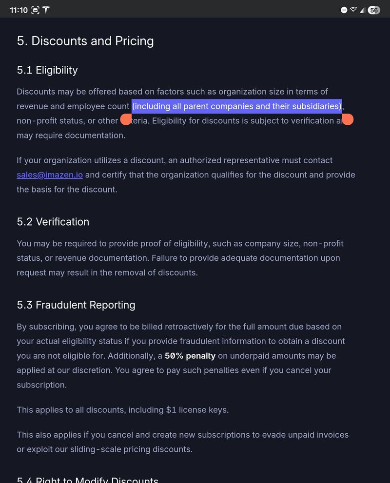 Screenshot of Subscription Terms Section 5.1 with 'including all parent companies and their subsidiaries' highlighted